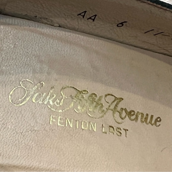 SAKS 5TH AVENUE Pump Fat Heel Suede Brass Square-Toe Forest Green 6AA Vintage​ - Picture 11 of 12